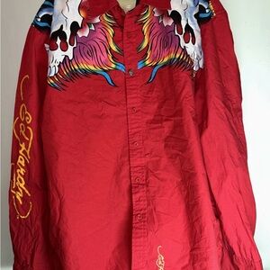 Ed Hardy Embroidered Long Sleeve Button Up Red Skulls Shirt - Size 2XL